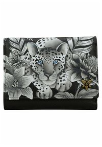 Schwarzes Portemonnaie mit einem Leoparden- und Blumenmotiv in Grau und Weiß. Verfügt über hellblaue Augen und eine bronzefarbene Blumen-Akzent. Texturierte Oberfläche.