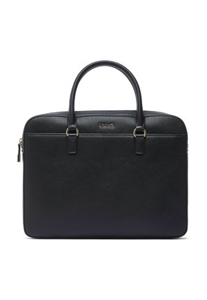 Czarna tekturowana skórzana teczka z podwójnymi uchwytami, złotym wykończeniem i przednią kieszenią na zamek, oznaczona logo "LIU JO".