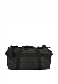 Grand sac de sport noir en tissu durable, doté de poignées et de sangles robustes, avec un compartiment principal spacieux et un design simple et fonctionnel.