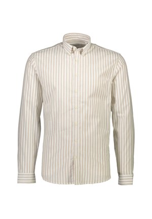 Leicht gestreiftes Hemd mit Knopfverschluss in Beige und Cremefarben. Verfügt über lange Ärmel, einen spitzen Kragen und eine Knopfleiste vorne.