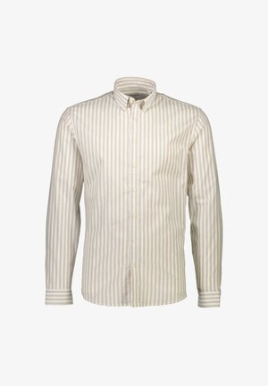 Leicht gestreiftes Hemd mit Knopfverschluss in Beige und Cremefarben. Verfügt über lange Ärmel, einen spitzen Kragen und eine Knopfleiste vorne.