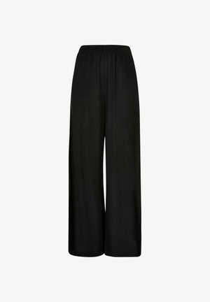 Černé kalhoty s širokými nohavicemi, vyrobené z měkké látky, s elastickým pasem a hladkou texturou. Bez viditelných vzorů nebo akcentů.