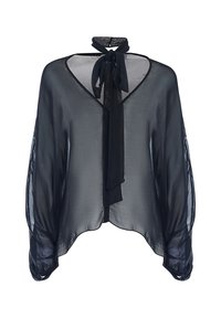 Semi-transparent black blouse with a V-neck, long sleeves, and a tie at the neck. Soft, lightweight fabric with a loose fit.