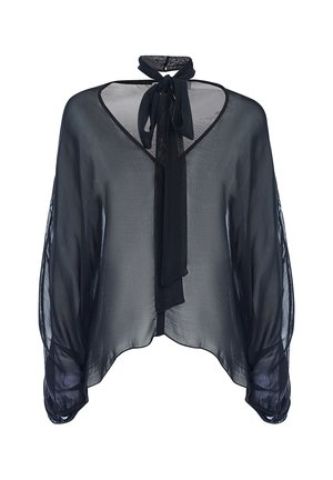 Blouse noire semi-transparente avec un décolleté en V, des manches longues et un lien au cou. Tissu doux, léger avec une coupe ample.