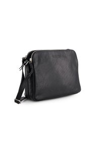 Sort læder crossbody taske med lynlåslukning, struktureret overflade og justerbar rem. Har diskret branding på forsiden.