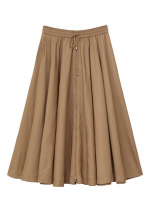 Bruine midi-rok met elastische tailleband en rits aan de voorkant met aantrekkoord, uitlopende A-lijn silhouet.