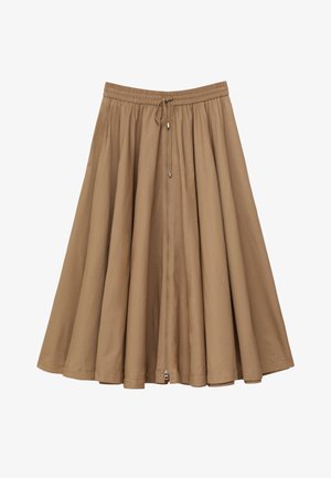 Brun midilængde nederdel med elastisk talje med rynker og frontlynlås med snoretræk, vid A-linje silhuet.
