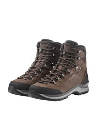 Braune Lederwanderstiefel mit metallenen Ösen und Schnürsenkeln, Gummizehenkappen, einer strukturierten Sohle und grauen Akzenten. Hohe Ausführung für Knöchelstütze.