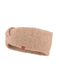 Beige gebreide hoofdband met een gedraaide ontwerp, gemaakt van gestructureerd materiaal. Heeft een klein leren logo label.