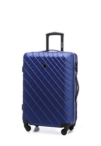Blue hard-shell suitcase with a diamond pattern, retractable handle, and four wheels for mobility. Textured surface and black accents.
