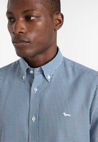 Uomo che indossa una camicia a quadri blu e bianchi con colletto e un piccolo logo di un cavallo bianco sul petto, che guarda a sinistra.