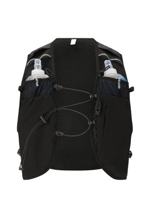 Sort hydrationsvest med mesh bagpanel, to forlommer hver med en vandflaske og justerbare snørelukninger.