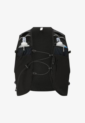 Sort hydrationsvest med mesh bagpanel, to forlommer hver med en vandflaske og justerbare snørelukninger.