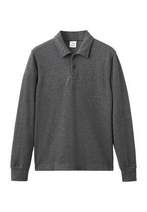 Tmavě šedý polo triko s dlouhým rukávem, límcem a dvěma černými knoflíky na légě, žebrovanými manžetami a rovnými lemy.