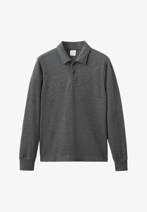 Tmavě šedý polo triko s dlouhým rukávem, límcem a dvěma černými knoflíky na légě, žebrovanými manžetami a rovnými lemy.