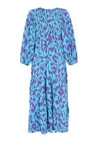 Klänning i turkos och lila djurmönster, med smockad byst, trekvarts puffärmar och design med lagerkjol.