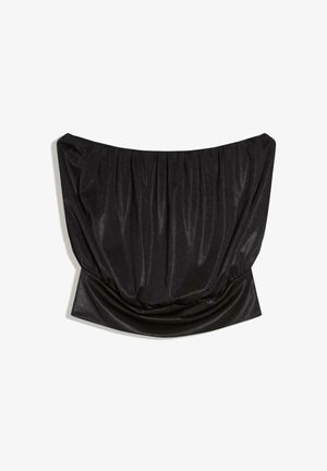 Top negru din satin fără bretele, cu detalii adunate și talie mulată.