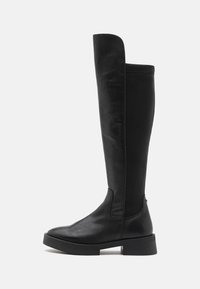 Bottes en cuir noir jusqu'aux genoux avec un talon carré, un bout arrondi et un design à tige fendue pour plus de style et de flexibilité.