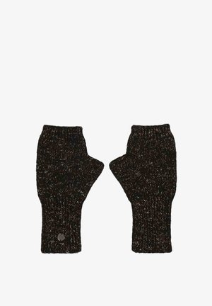 Gants sans doigts marron en tricot texturé avec un motif marbré. Les poignets sont côtelés et présentent un petit accent de logo.