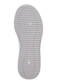Semelle de chaussure en caoutchouc blanc avec un motif de semelle texturé, avec des indentations circulaires. Bords lisses et design léger.