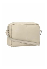 Bolso bandolera de cuero beige con acabado texturizado, cierre de cremallera y correa ajustable. Presenta dos paneles cosidos en la parte frontal.
