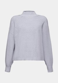 Lichtpaarse gebreide trui met een hoge hals, doorgezakte schouders en geribbelde textuur. Heeft lange mouwen en een ontspannen pasvorm.