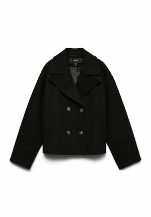 Črni plašč iz volnene mešanice s podvojenim sprednjim delom, velikimi ovratniki in dvema sprednjima žepoma. Ima zapenjanje na gumbe in skrajšan kroj.