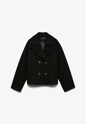 Black wool blend peacoat with a double-breasted design, large lapels, and two front pockets. Features button closures and a cropped cut.