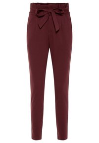 Bordeaux kleuren broek met een gladde textuur, een taps toelopende pasvorm en een brede tailleband met een gestrikt strikdetail aan de voorkant.