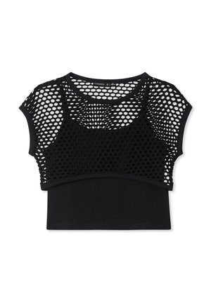 Top corto nero a due strati con uno strato inferiore solido e sovrapposizione in mesh a maniche corte con ampia scollatura rotonda.