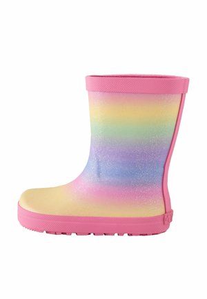 Kinder Gummistiefel mit pinker Sohle und Manschette, mit einem Farbverlauf Regenbogenmuster mit Glitzereffekten.