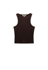 Top sin mangas de color marrón oscuro, hecho de suave algodón acanalado. Presenta un cuello redondo y una silueta ajustada con bordes limpios.