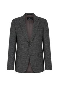 Grau gemusterter Blazer aus strukturiertem Stoff. Verfügt über einen Reverskragen, zwei Knöpfe und zwei Fronttaschen. Gefüttertes Innenfutter.