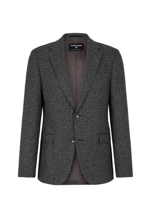 Blazer grigio a fantasia realizzato in tessuto testurizzato. Presenta un colletto a rever, due bottoni e due tasche frontali. Interno foderato.