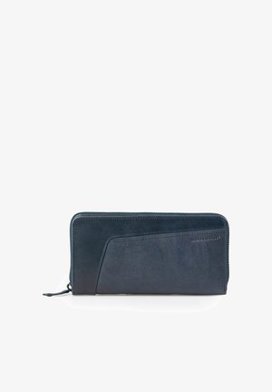 Navy blue leather zip-around wallet with angled front pocket and embossed brand name "aunts & uncles" on front.
