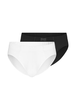 Zwei Herrenslips, einer weiß und einer schwarz, überlappend auf weißem Hintergrund dargestellt.