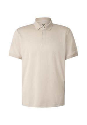 Beige short-sleeve polo shirt with a three-button placket and a small logo on the left sleeve.