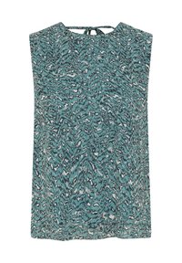 Débardeur sans manches en teal avec un motif abstrait noir et blanc. Présente une fermeture au dos en forme de trou de serrure et une coupe décontractée. Texture de tissu douce.