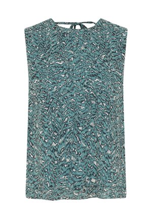 Ärmelloses Oberteil in Teal mit einem schwarz-weißen abstrakten Muster. Verfügt über einen Schlüssel-Ausschnitt im Rücken und hat einen entspannten Schnitt. Weiche Stofftextur.