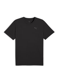 Sort T-shirt med korte ærmer lavet af blødt stof. Har en rund halsudskæring og et lille, gråt Puma-logo på venstre bryst.