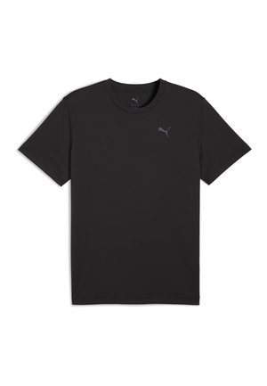 Sort T-shirt med korte ærmer lavet af blødt stof. Har en rund halsudskæring og et lille, gråt Puma-logo på venstre bryst.