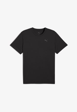 Black short-sleeve t-shirt made of soft fabric. Features a crew neck and a small, gray Puma logo on the left chest area.