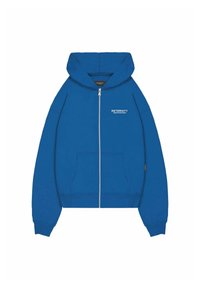 Blauwe rits-hoodie van zacht materiaal, met een voorzak en een capuchon. De merknaam "RETERNITY" is in het wit op de borst gedrukt.
