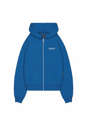 Blue zip-up hoodie made of soft fabric, featuring a front pocket and a hood. The brand name "RETERNITY" is printed in white on the chest.
