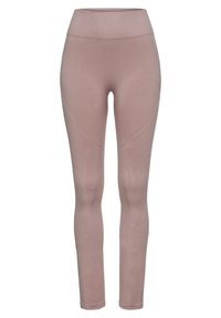 Leggings rosas sin costuras con una cinturilla alta. Presenta patrones geométricos texturizados a lo largo de las piernas. Hechos de un material elástico y ajustado.
