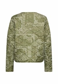 Olivengrøn quiltet jakke med hvidt paisleymønster, lange ærmer og rund halsudskæring. Letvægtsmateriale med en tekstureret overflade.