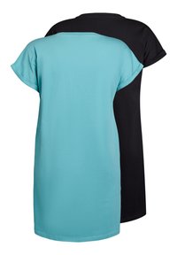 Deux robes à manches courtes, l'une en turquoise et l'autre en noir. Fabriquées dans un tissu lisse avec une coupe décontractée et un col arrondi.