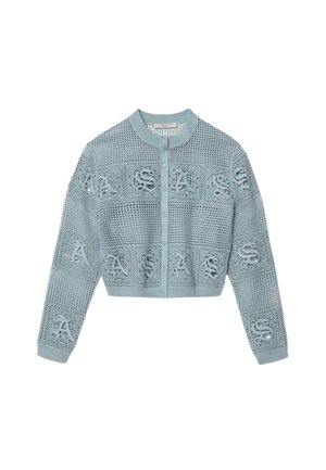 Cardigan all'uncinetto azzurro chiaro con bottoni, maniche lunghe e lettere in rilievo che formano la parola "ALLSAINTS" sul corpo e sulle maniche.