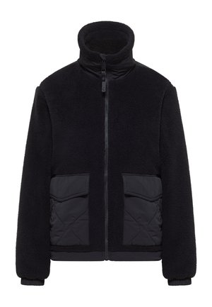 Jachetă neagră din fleece cu guler înalt, fermoar frontal, două buzunare aplicate și manșete ribbate. Prezintă o țesătură texturată, moale, cu detalii solide.