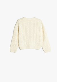 Maglione color crema a treccia con maniche lunghe, scollatura tonda e orlo a coste. Motivo testurizzato dettagliato su tutto il tessuto.